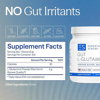 Essential Stacks Gut L-Glutamine Powder - Exclusively Made in USA - Pure L Glutamine Powder for Gut Health (100 Servings, Unflavored)