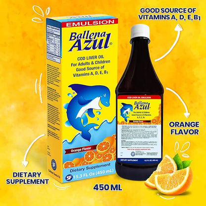 Ballena Azul Aceite de Hígado de Bacalao para Adultos y Niños, COD Liver Oil for Adults and Children, Good Source of Vitamins A,D,E, B1, Dietary Supplement, Omega 3, Inmune System Boost (ORANGE 15 OZ)