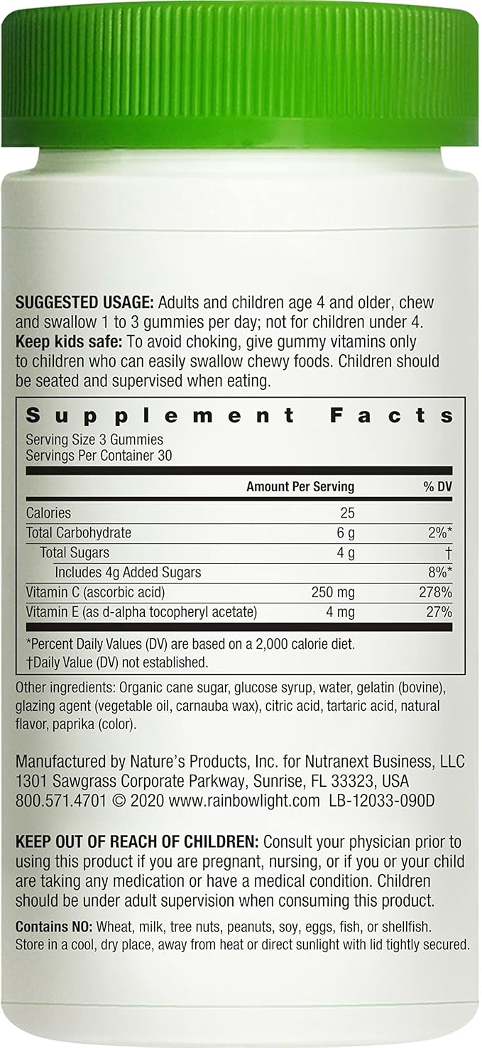 Rainbow Light Vitamin C Gummies, Dietary Supplement Provides Immune Support, With Vitamin C and Vitamin E, Citrus Flavor, 90 Count