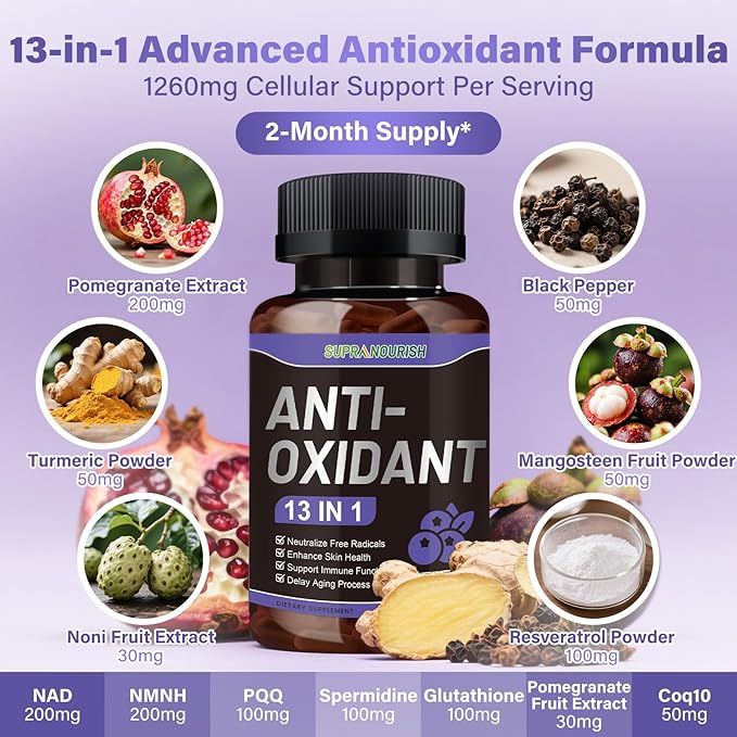 13-in-1 Antioxidants Supplement with NAD, NMNH, Resveratrol, Glutathione & PQQ - Natural Herbal & Fruit Formula - 120 Capsules (60-Day Supply)