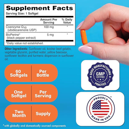 Health Thru Nutrition CoQ-10 100mg with BioPerine 60 Softgels | High Absorption Naturally Fermented USP Grade Coenzyme Q10 Supplement | 3rd Party Tested | Heart Health and Energy Support