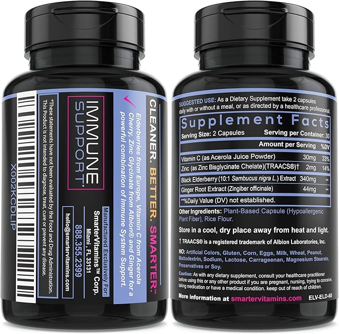 Smarter Elderberry Capsules + Vitamin C + Ginger & Zinc, Herbal Supplement, Powerful Black Elder Berry Extract Antioxidant Vitamin, 60 Vegan Pills