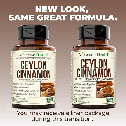 Organic Ceylon Cinnamon Capsules - Ceylon True Cinnamon Supplements (Canela de Ceylan) for Inflammation Balance, Cognitive Function, Metabolic, Antioxidant Support. Non-GMO. Vegan. 60 Caps Made in USA