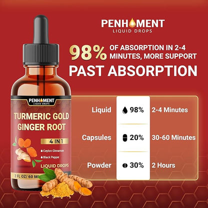 4in1 Liquid Turmeric Curcumin Drops Extract with Ceylon Cinnamon, Ginger and Black Pepper for Joint Support - 2FL oz - 60 Servings