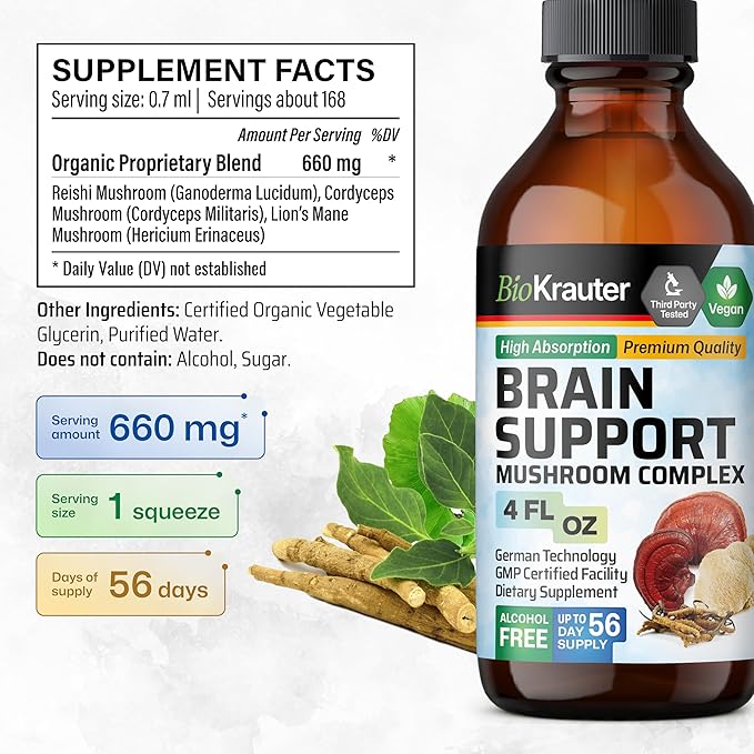 BIO KRAUTER Gotu Kola Tincture 4 Fl. Oz. & Brain Support Mushroom Tincture 4 Fl. Oz.