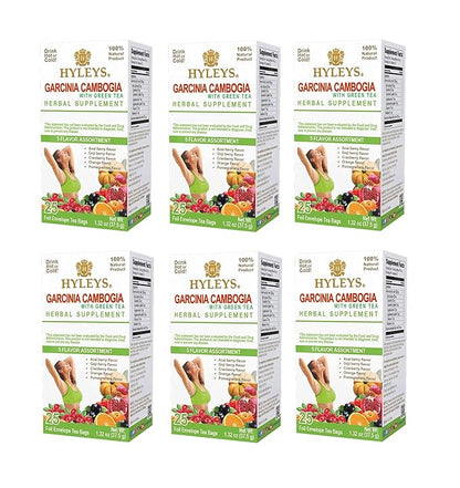 HYLEYS Tea Garcinia Cambogia Green Tea 5 Flavors Assortment - 25 Tea Bags (6 Pack - 150 Tea Bags Total)