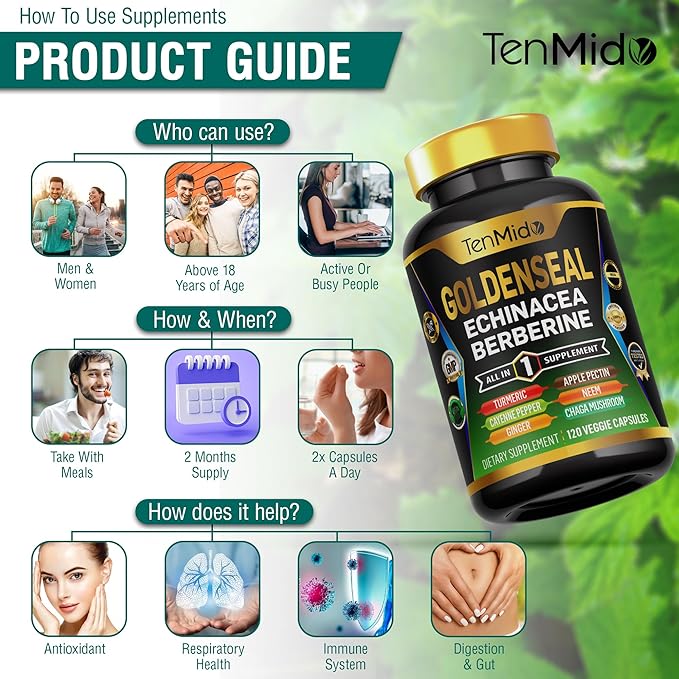 Goldenseal Root Supplement - 10in1 Formula - Combine with Echinacea, Berberine, Turmeric, Cayenne Pepper, Ginger, Apple Pectin, Neem, & More - Digestive Health Support - 120 Capsules