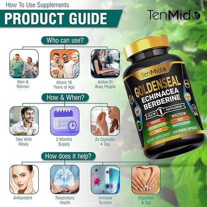 Goldenseal Root Supplement - 10in1 Formula - Combine with Echinacea, Berberine, Turmeric, Cayenne Pepper, Ginger, Apple Pectin, Neem, & More - Digestive Health Support - 120 Capsules