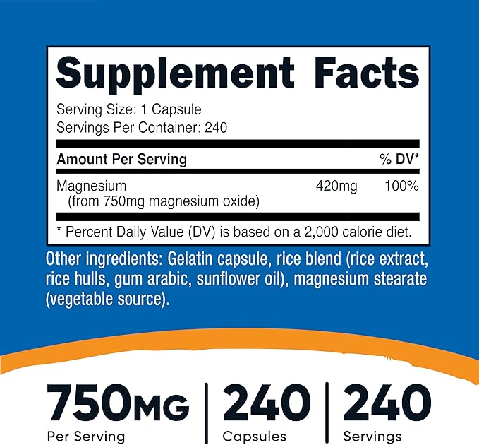 Nutricost Magnesium Oxide 750mg, 240 Capsules - 420mg of Magnesium, Non-GMO, Gluten Free