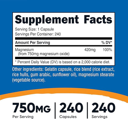 Nutricost Magnesium Oxide 750mg, 240 Capsules - 420mg of Magnesium, Non-GMO, Gluten Free