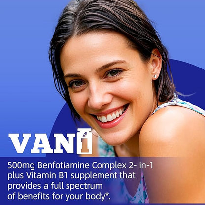 VANI Vitamin B1 with 500mg Benfotiamine, 2 in 1 Enhanced Formula -Fat & Water Soluble Thiamine B1 Supplement | 120 Capsules | Gluten Free