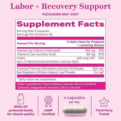 Pink Stork Labor Prep - Evening Primrose Oil Capsules with Red Raspberry Leaf Tea, Gentle Birth & Postpartum Care, Third Trimester Pregnancy Must Haves, 60 Capsules