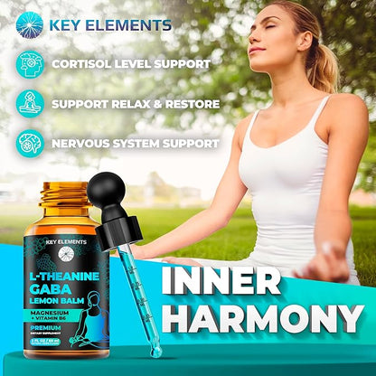 KEY ELEMENTS Liquid GABA with L Theanine Supplement | GABA 500mg and L Theanine 200mg | L-Theanine and GABA Supplements with Lemon Balm Extract, L-Theanine and Magnesium with Vitamin B6 | GABA Drops