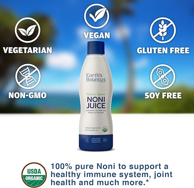 Earth's Bounty Tahitian Organic Noni Juice - 32 fl.oz - 100% Pure, Natural Immune & Joint Support - Organic, Kosher Noni Juice - No Additives
