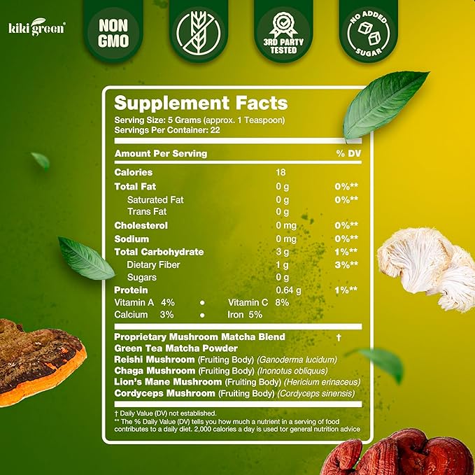 KIKI Green Mushroom Matcha Powder Super Blend 4 oz - Mushroom Coffee Alternative for Better Energy, Focus, Immunity - with Lion's Mane, Chaga, Reishi, Cordyceps