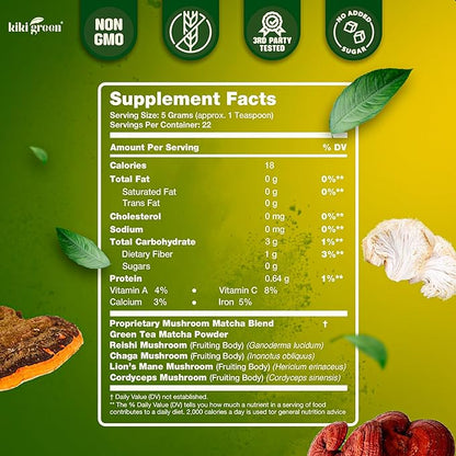 KIKI Green Mushroom Matcha Powder Super Blend 4 oz - Mushroom Coffee Alternative for Better Energy, Focus, Immunity - with Lion's Mane, Chaga, Reishi, Cordyceps