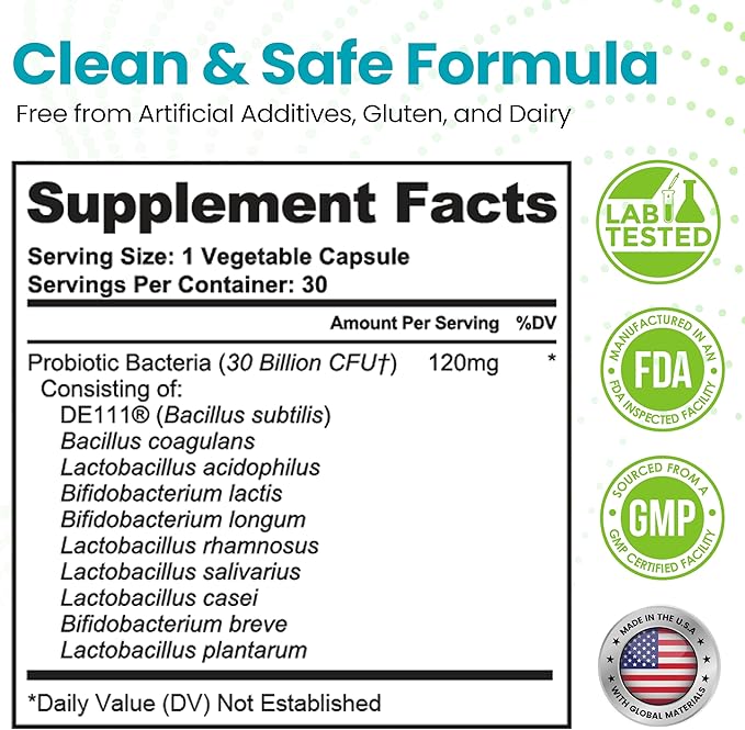 Gut Probiotic 30 Billion CFU with DE111® & 10 Strains - High Potency Probiotic Supplement for Digestive Health, Immune System Support, Enhanced Nutrient Absorption - Non-GMO, 30 Vegetarian Capsules
