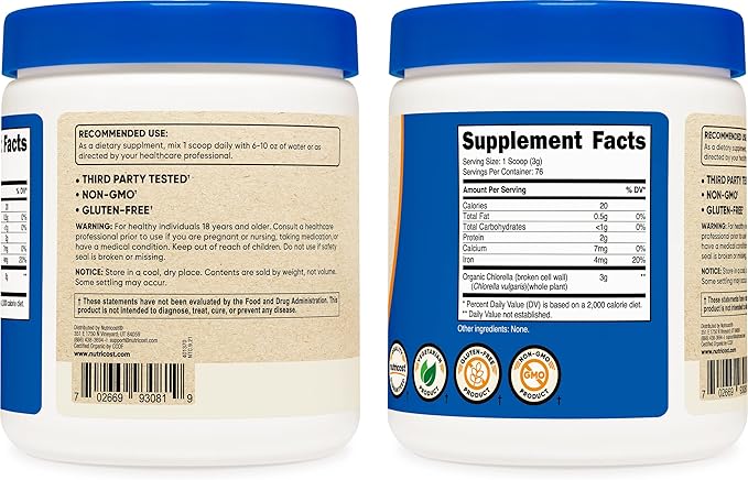 Nutricost Organic Chlorella 8oz (.5 LBs) (2 Bottles) - 3000mg Per Serving