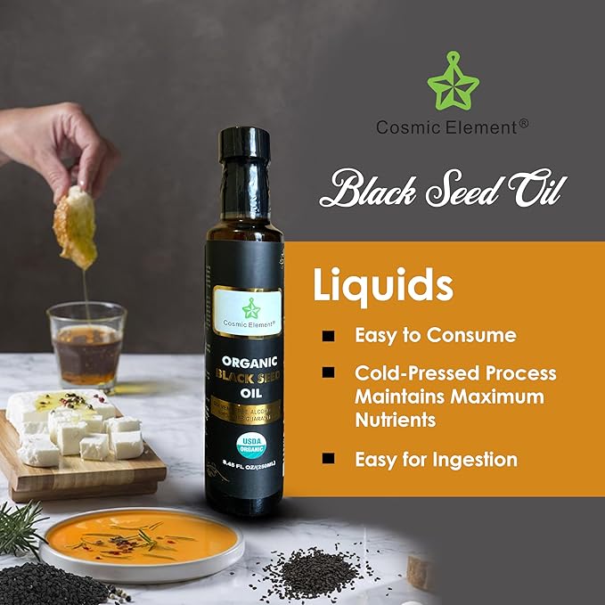 Cosmic Element Cold Pressed Black Seed Oil Organic - Omega 3 6 9 | Vegan Nigella Sativa Organic Black Cumin Seed Oil - Antioxidant for Immune Support, Joints, Digestion, Hair & Skin | 8.4 Fl Oz