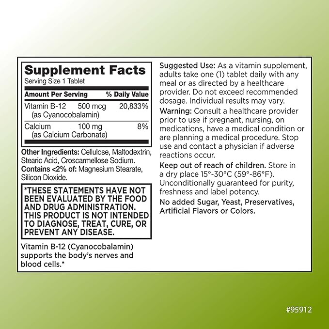 Quality Choice Vitamin B12 500 MCG, Energy, Metabolism, & Nervous System Support Supplement 100 Count Bottle of Tablets