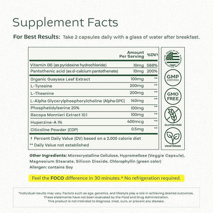 Think FOCO Capsules (13+) Focus Supplement for Teens & Adults - Natural Focus in 30 Minutes - Brain Supplements for Memory and Attention - Vegan Vitamin, Gluten Free Supplements, Non GMO Vitamins