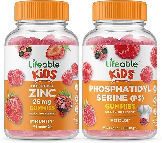 Lifeable Zinc 25mg Kids + Phosphatidylserine (PS) Kids, Gummies Bundle - Great Tasting, Vitamin Supplement, Gluten Free, GMO Free, Chewable Gummy