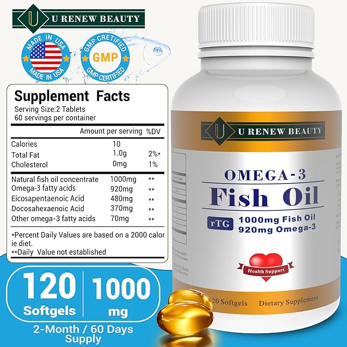 92% Omega-3 Fish Oil mini Softgels for Women and Men 1000mg per Serving with 920mg EPA & DHA Supplements,Supports Heart & Brain Health, 120 Count