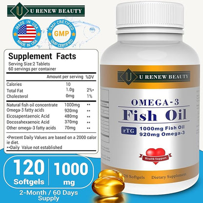 92% Omega-3 Fish Oil mini Softgels for Women and Men 1000mg per Serving with 920mg EPA & DHA Supplements,Supports Heart & Brain Health, 120 Count