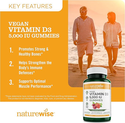 NatureWise Vitamin D3 5000 IU Gummies - Mixed Berry Flavor - Vegan D from Lichen, Pectin Based, Immune Support for Adults, Muscle & Bone Strength - Gluten Free, Non-GMO - 60 Count[1-Month Supply]