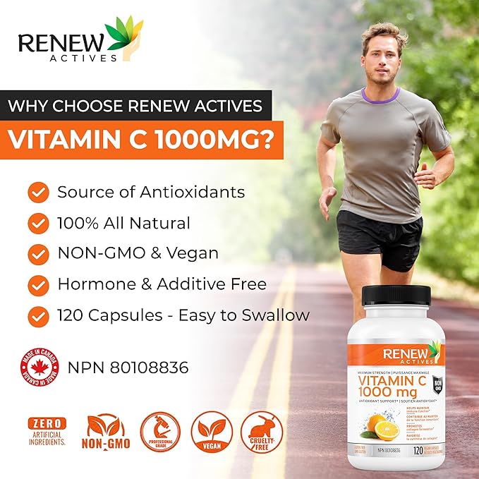 RENEW ACTIVES Maximum Strength Vitamin C 1000MG per Serving – Antioxidant & Immune Booster for Overall Health, Bones, Teeth & Gums – Non-GMO, Sugar-Free, 4-Month Supply – Made in Canada – 120 Capsules