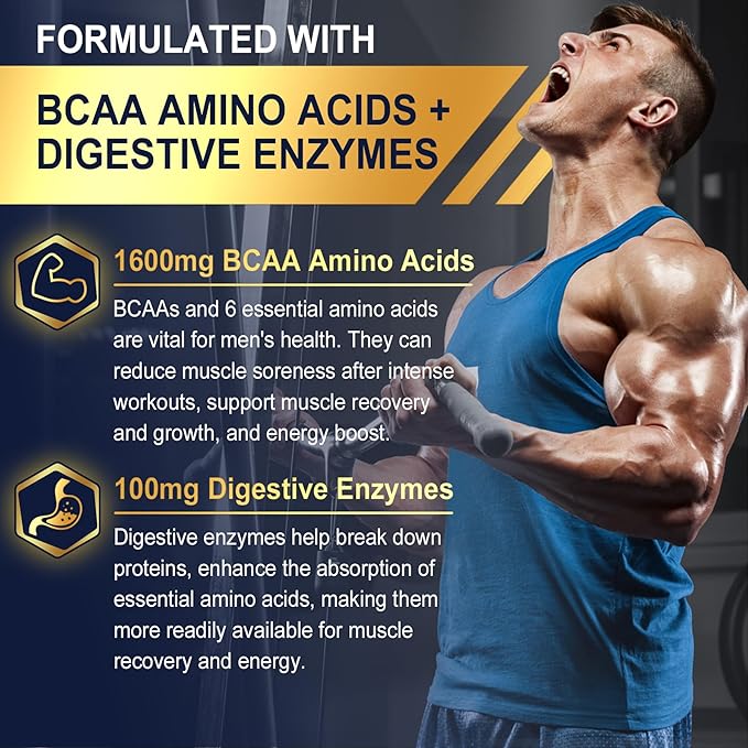 Methylated Multivitamin for Men Gummies, BCAA Amino Acids, Zinc, Vitamin A C D3 E K2 B6 B12 Biotin Calcium, Magnesium, Lycopene, Digestive Enzymes - Energy Muscle Immunity - Sugar Free, Vegan, 60 Cts