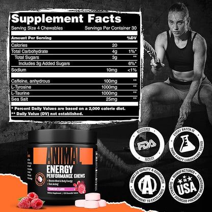 Animal Energy Chews, Fast Acting Energy with Caffeine, Nootropics and Sea Salt for Focus and Pre Workout - Convenient and Delicious Chews Format - Pom-Berry