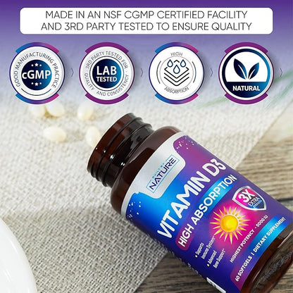 Vitamin D3 High Potency 5000 IU (125 mcg), Bone, Teeth, Muscle & Immune Health Support, Non-GMO, Gluten-Free, 2 Month Supply in Rapid-Release High Absorption Vitamin D, Easy to Swallow, 60 Softgels