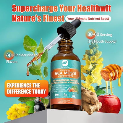 2PACK Sea Moss Drops - Irish Sea Moss Chlorophyll Liquid with Black Seed Oil, Ashwagandha, Moringa, Turmeric, Elderberry, Mullein, Seamoss Gel Supplement for Lung Cleaner, Detox & Gut, Immune Support