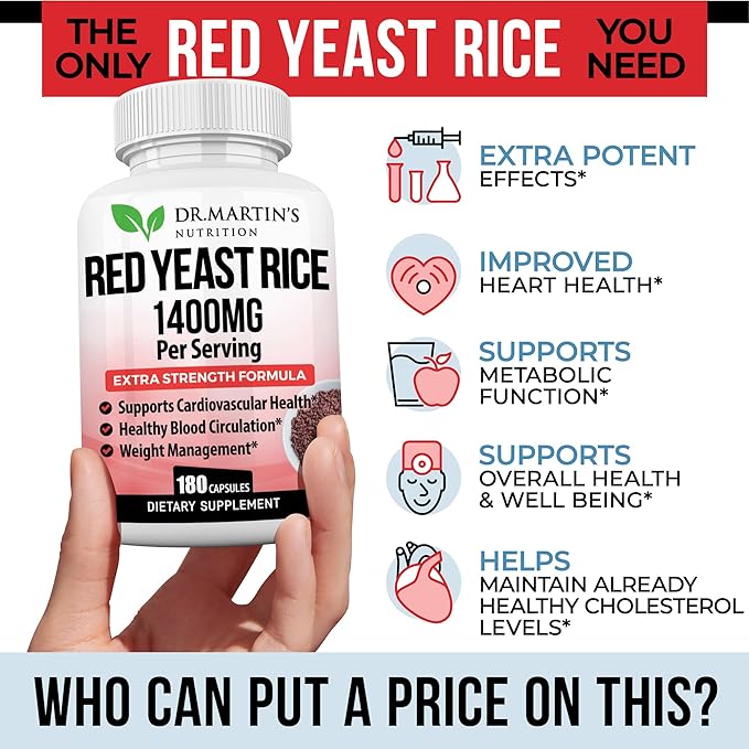 Red Yeast Rice Extract 1400mg Supplement 180 Count | Maintain Healthy Cholesterol Levels | Supports Cardiovascular & Blood Circulation For Healthy Heart, Digestion, Weight Management & Overall Health