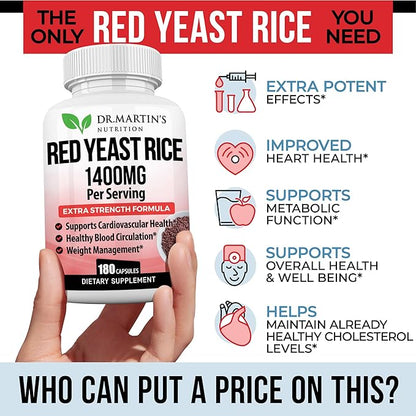 Red Yeast Rice Extract 1400mg Supplement 180 Count | Maintain Healthy Cholesterol Levels | Supports Cardiovascular & Blood Circulation For Healthy Heart, Digestion, Weight Management & Overall Health