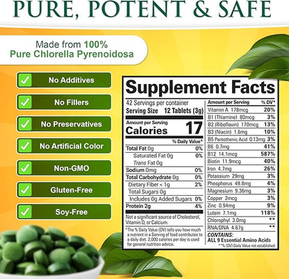 Sunlit Best USDA Organic Premium Chlorella Tablets 500 Tabs | 100% Pure Chlorella Superfood Supplement High in Protein, Chlorophyll, Vitamins, & Minerals | Supports Good Health, Wellbeing & Recovery