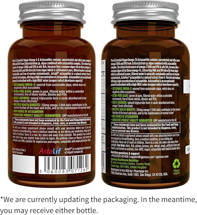 Igennus Vegan Omega-3 Natural Triglyceride Algae Oil, DHA & EPA Fatty Acid Supplement, 60 Small Softgels with Astaxanthin, Easy-to-Swallow, Pure & Sustainable, 30 Servings