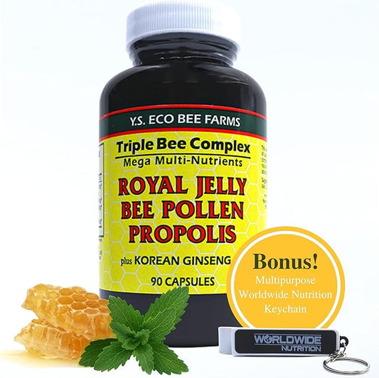 Worldwide Nutrition Y.S. Eco Bee Farms Triple Bee Complex Royal Jelly Bee Pollen Propolis with Korean Ginseng - Health and Wellness Organic Bee Pollen Supplement - 90 Ct w/Multi Purpose Key Chain