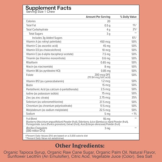 Chewsy Kids’ Multivitamin, Delicious Candy-Style Daily Vitamin Chews + Probiotics + Superfoods, Wild Berry Flavor Chewable Fruity Supplement Chews, Individually Wrapped, Easy to Enjoy, 30-Day Supply