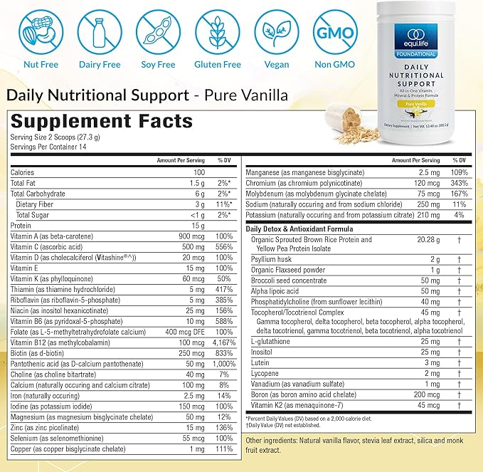 Equilife Daily Nutritional Support, All-in-one Multivitamin Meal Replacement, Pure Vanilla Flavor, with 15g Plant Protein, Supports Energy, Mood, Gut, and Skin Health (14 Servings Tub)