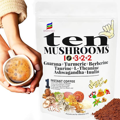17-in-1 Mushroom Coffee with Guarana, Turmeric, Berberine, Taurine, L-Theanine, Ashwagandha & Inulin for Focus, Energy, Immunity, Stress Relief & Digestive Health-10 Mushroom Instant Coffee (60 Srvs)