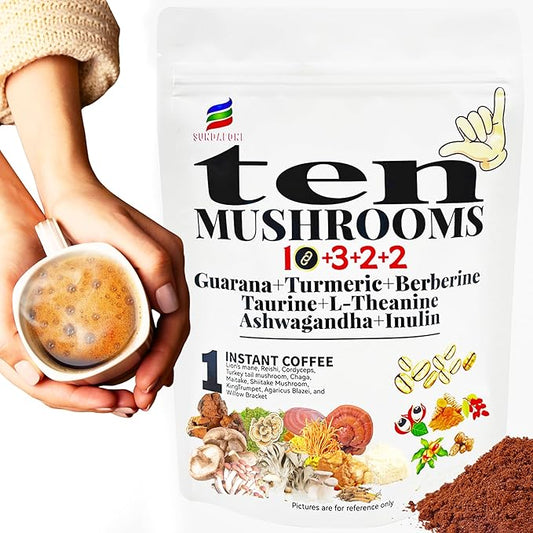 17-in-1 Mushroom Coffee with Guarana, Turmeric, Berberine, Taurine, L-Theanine, Ashwagandha & Inulin for Focus, Energy, Immunity, Stress Relief & Digestive Health-10 Mushroom Instant Coffee (60 Srvs)