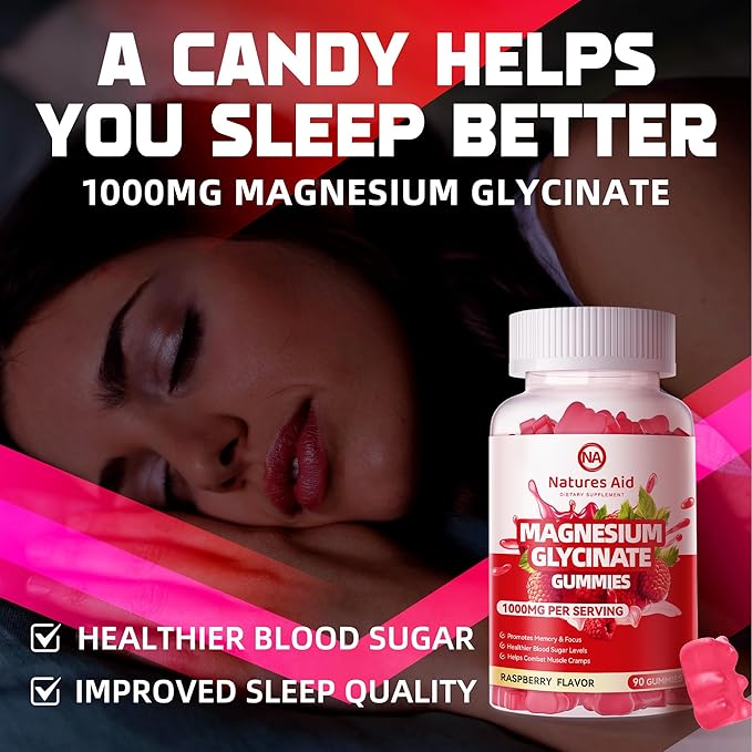 Magnesium Glycinate Gummies 1000mg - Sugar Free Magnesium Potassium Supplement with Vitamin D, B6, CoQ10 for Calm Mood & Sleep Support - 180 Raspberry Gummies.