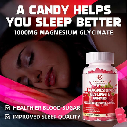 Magnesium Glycinate Gummies 1000mg - Sugar Free Magnesium Potassium Supplement with Vitamin D, B6, CoQ10 for Calm Mood & Sleep Support - 180 Raspberry Gummies.