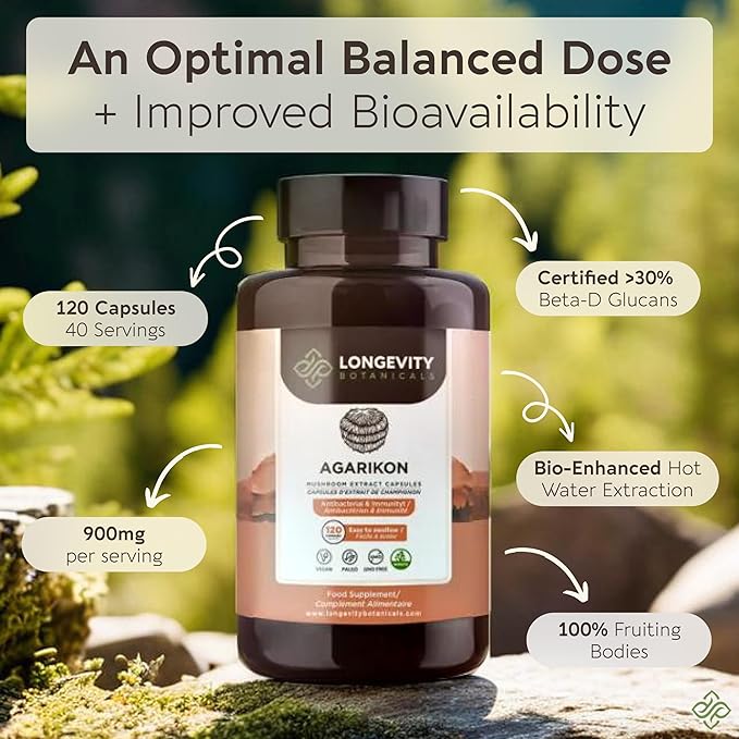 Longevity Botanicals Wildcrafted Agarikon Mushroom Extract Capsules (120) | Concentrated 10:1 Ratio | 100% Fruiting Bodies | Laricifomes Officinalis Supplement for Immunity & Respiratory Support