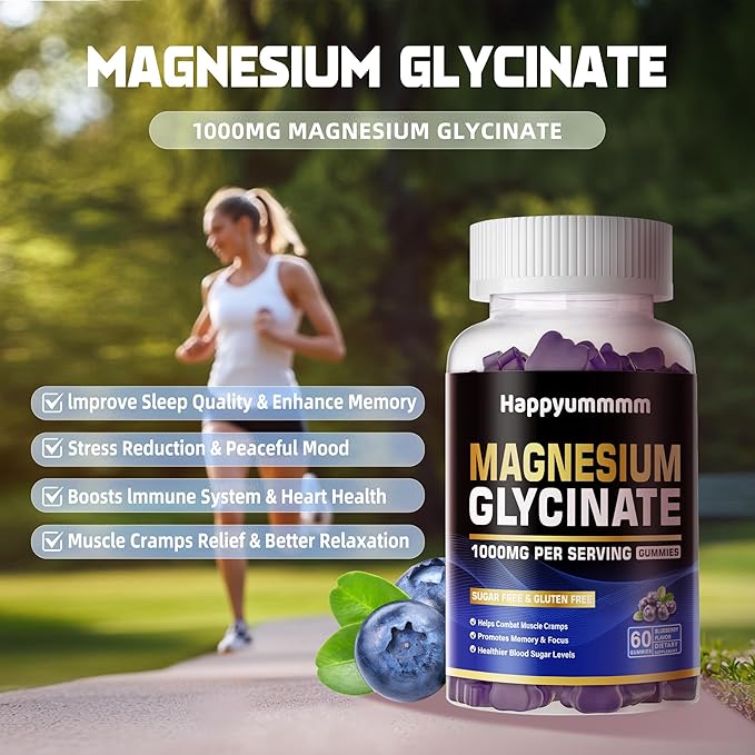 Magnesium Glycinate Gummies 1000mg - Sugar Free Magnesium Potassium Supplement with Vitamin D, B6, CoQ10 for Calm Mood & Sleep Support - 60 Blueberry Gummies