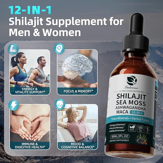 Shilajit Liquid Drops with Sea Moss, Ashwagandha, Maca, Fulvic Acid, Trace Minerals, 12-in-1 Liquid Vitamins Supplement for Men and Women, Energy, Antioxidant, Immune Support, 2 FL OZ