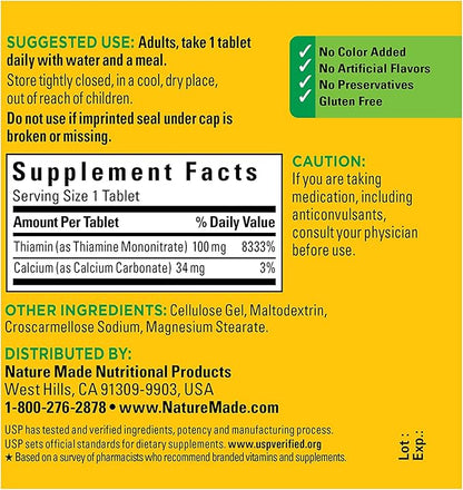 Nature Made Vitamin B1 100 mg, Dietary Supplement for Energy Metabolism Support, 100 Tabletss, 100 Day Supply.