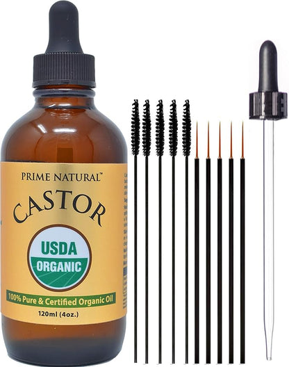 PRIME NATURAL Organic Hemp Seed Oil & Organic Castor Oil - Cold Pressed, Virgin, Unrefined - 4oz/120ml Each - 2 Oil Bundle